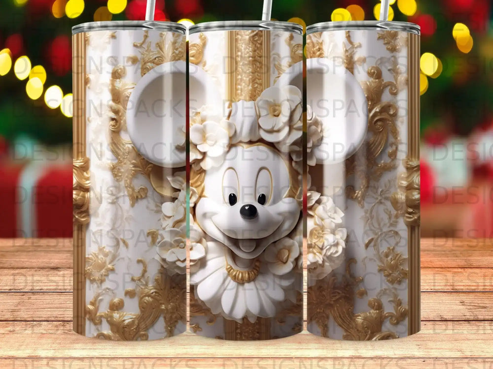 Mickey Mouse head design with ornate gold floral border on a tumbler.