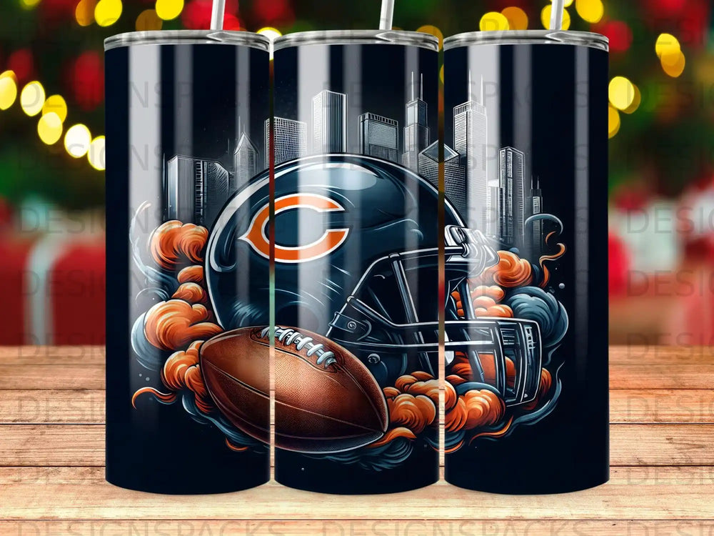 Chicago Bears helmet and football with city skyline background.