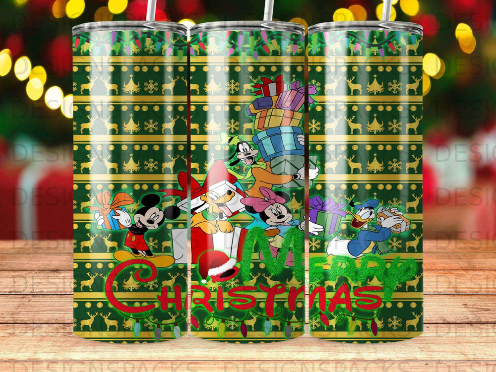 Mickey and friends with Christmas gifts, "Merry Christmas" text, on a green patterned tumbler.