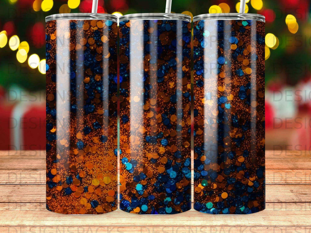 Three tumblers with blue and orange glitter design.