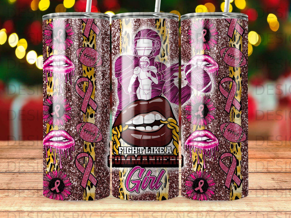 Tumbler with football player, lips, cheetah print, and pink ribbons.
