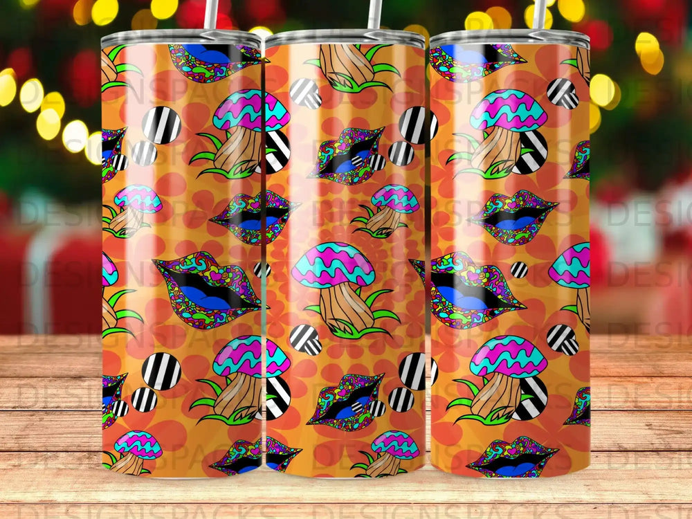 Pattern of mushrooms, lips, and black and white stripes on orange background.