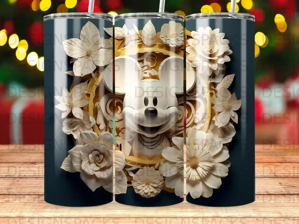Mickey Mouse with ornate floral frame and gold accents on a blue tumbler.