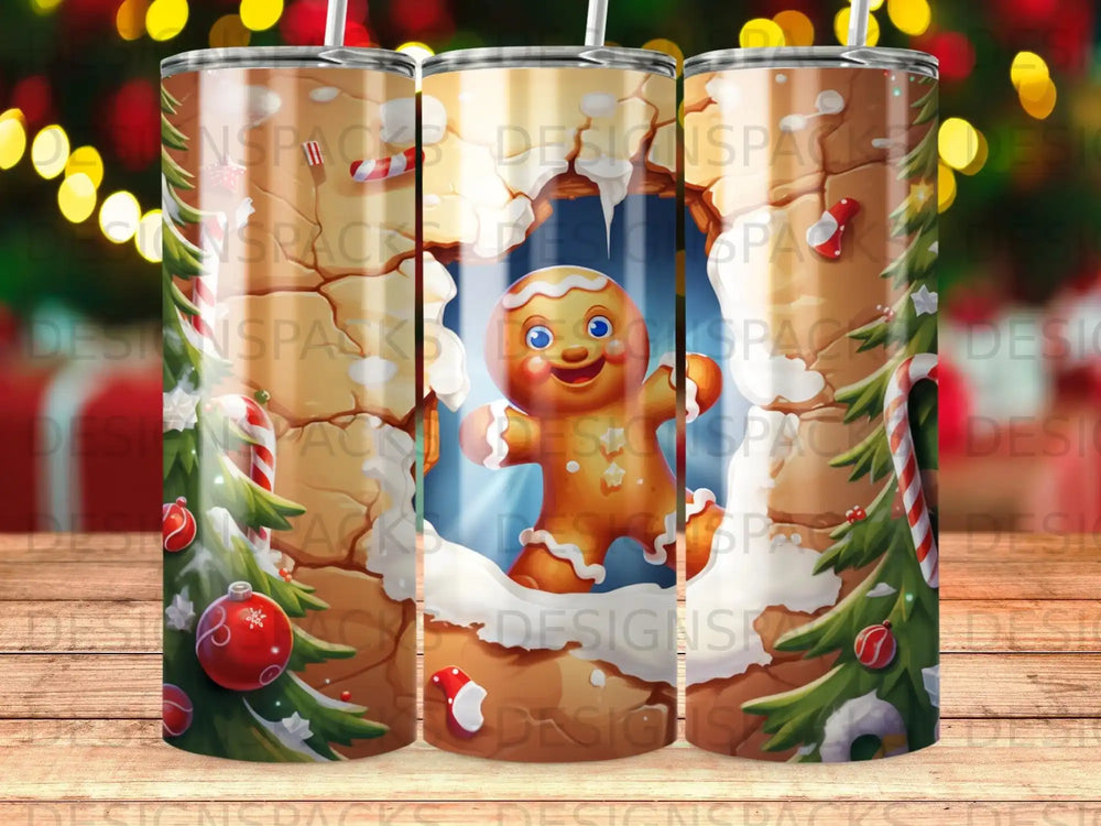 Gingerbread man with candy canes and Christmas ornaments on a tumbler.