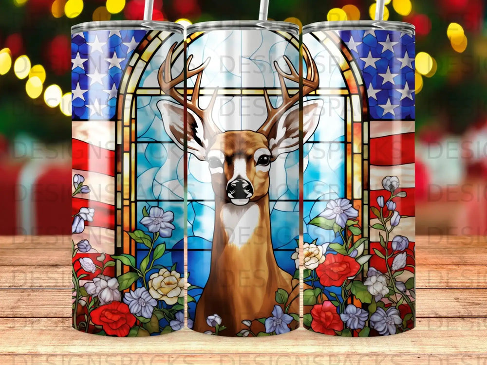 Deer with patriotic stained glass and floral border on a tumbler.