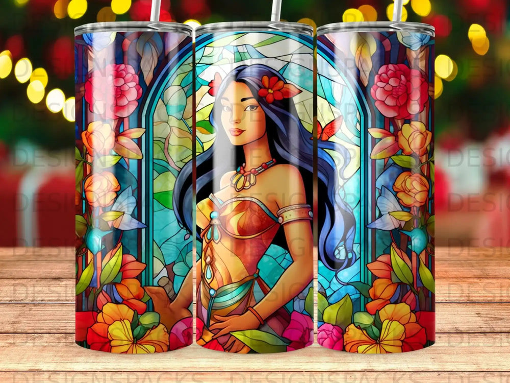 Woman with flowers in hair in stained glass style with floral border.