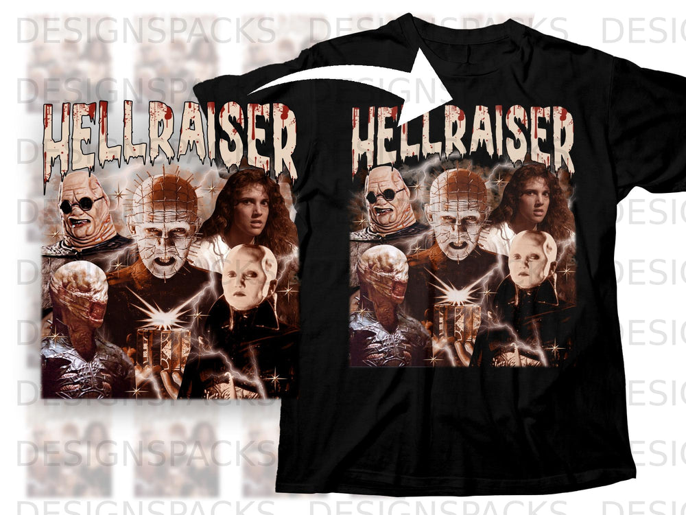 Black t-shirt featuring Hellraiser characters and logo with lightning effects.