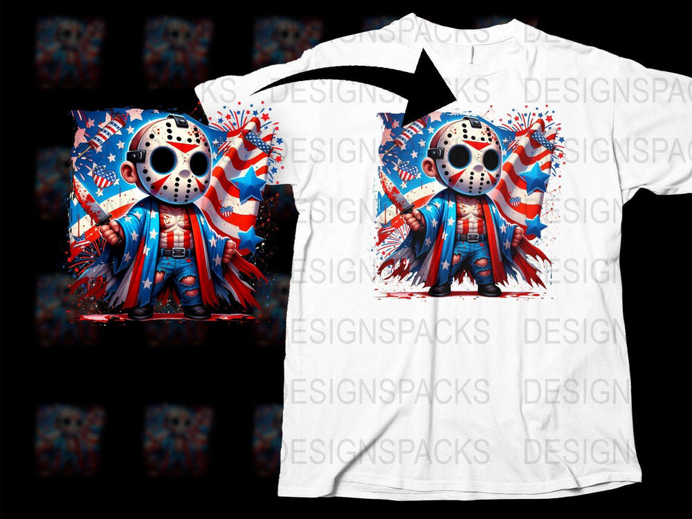 Jason Hockey Mask Graphic T-Shirt, Horror Movie Fan Apparel, Patriotic Design, Unique Full Print Shirt