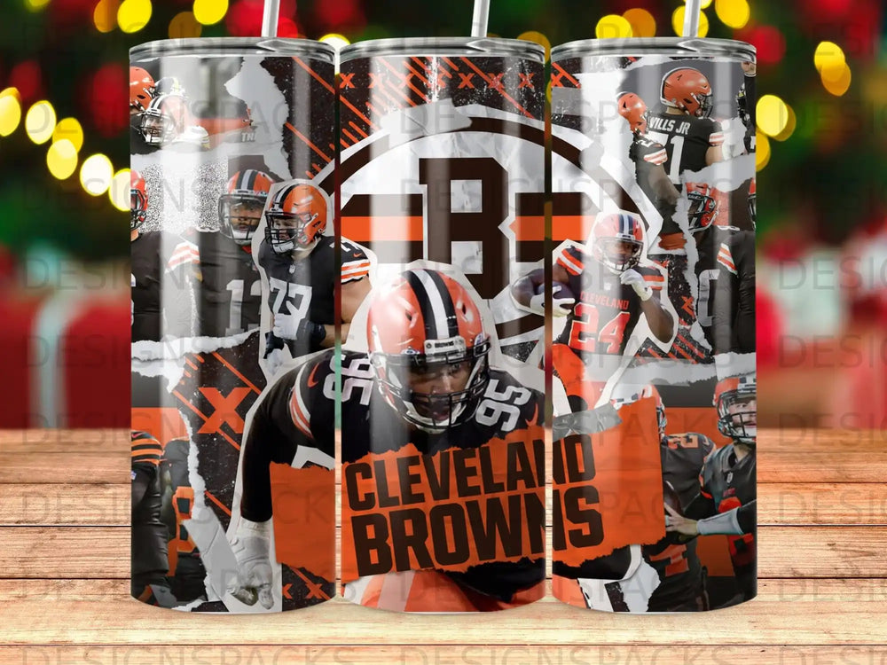 Cleveland Browns logo and players on a patterned background.
