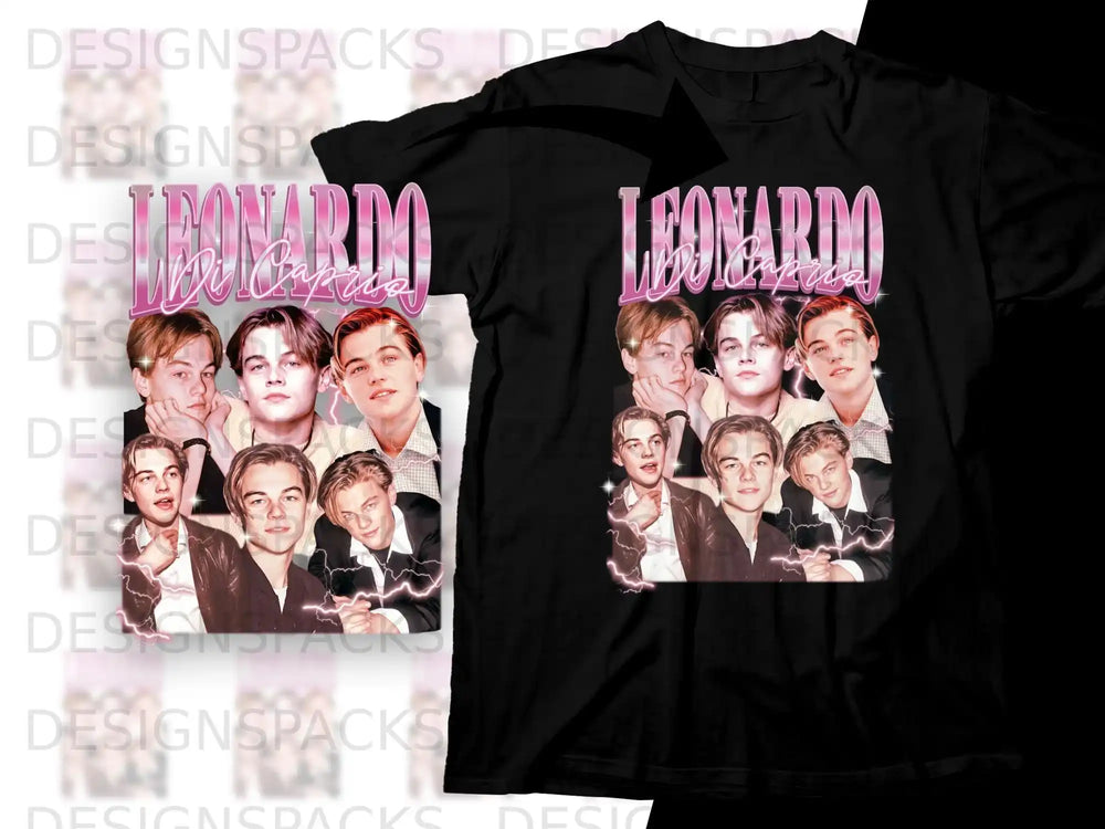 Black t-shirt featuring Leonardo DiCaprio montage in pink retro style.