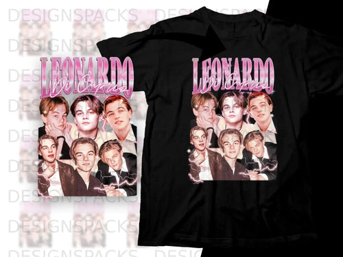Black t-shirt featuring Leonardo DiCaprio montage in pink retro style.