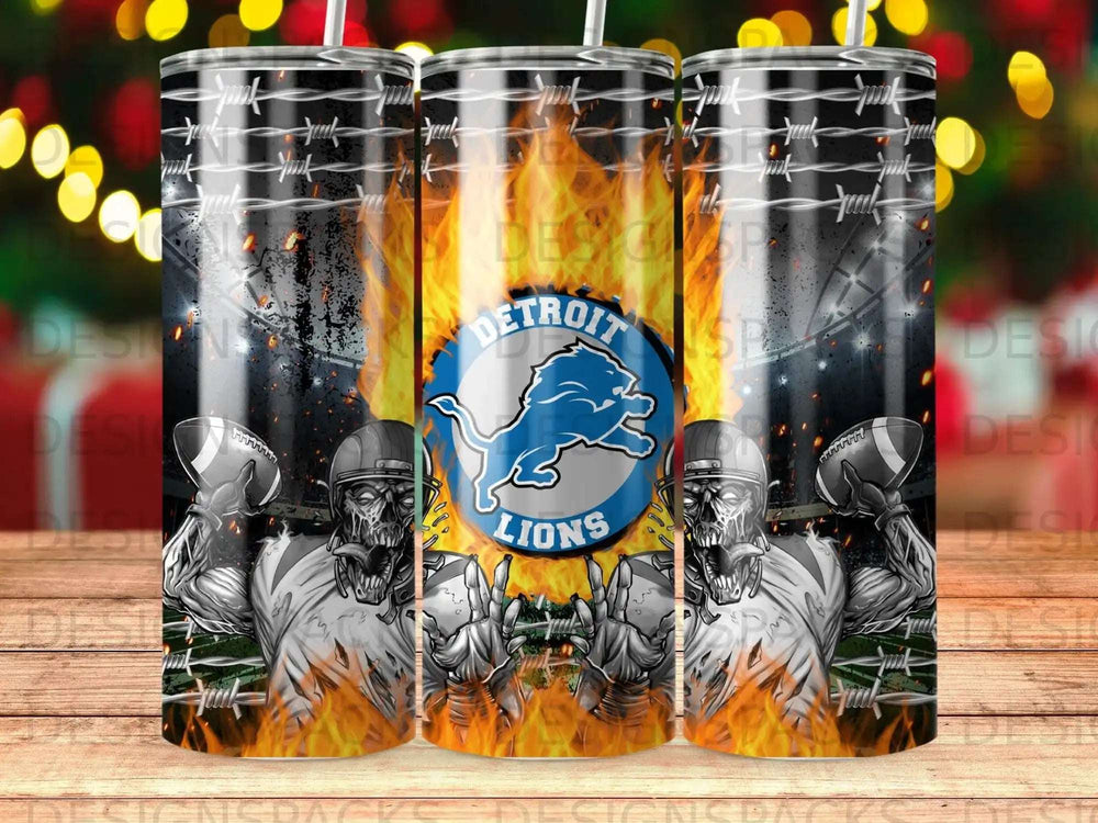 Detroit Lions logo on flame background with football players and barbed wire.