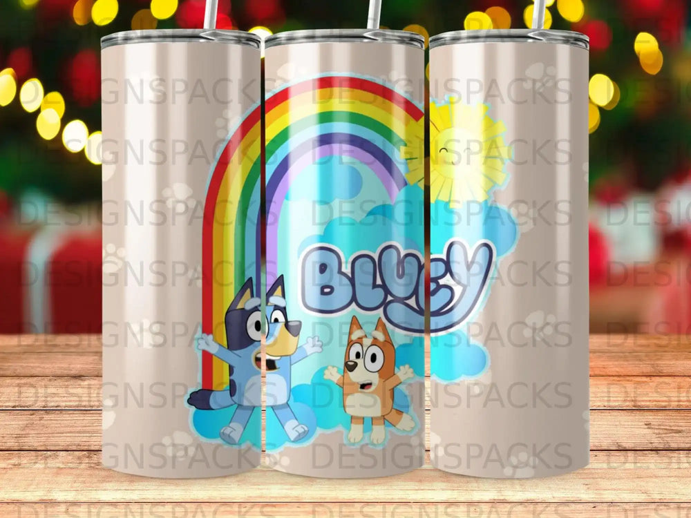 Bluey and Bingo characters on a rainbow background with "Bluey" text.