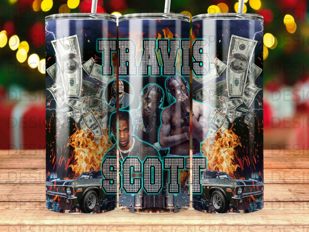 Travis Scott tumbler with 100 dollar bills and a classic car.