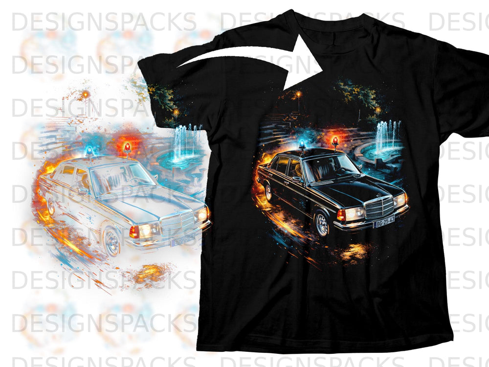 Black t-shirt with a graphic of a classic Mercedes sedan at night with fountains.