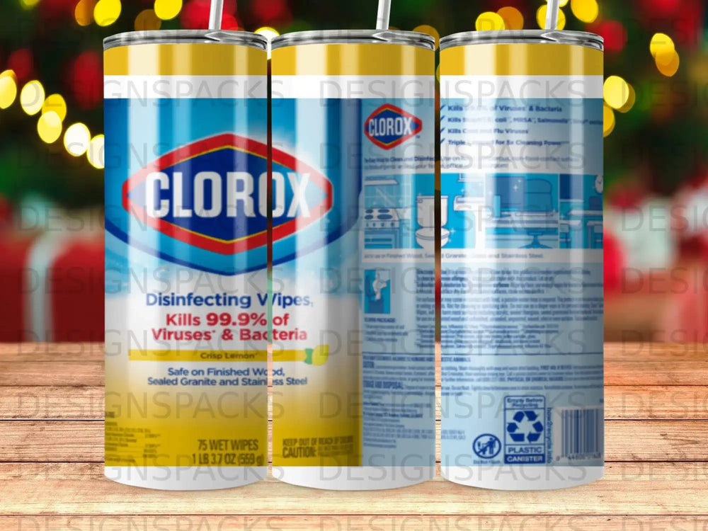 Clorox disinfecting wipes bottle with "Kills 99.9% of Viruses & Bacteria" text.