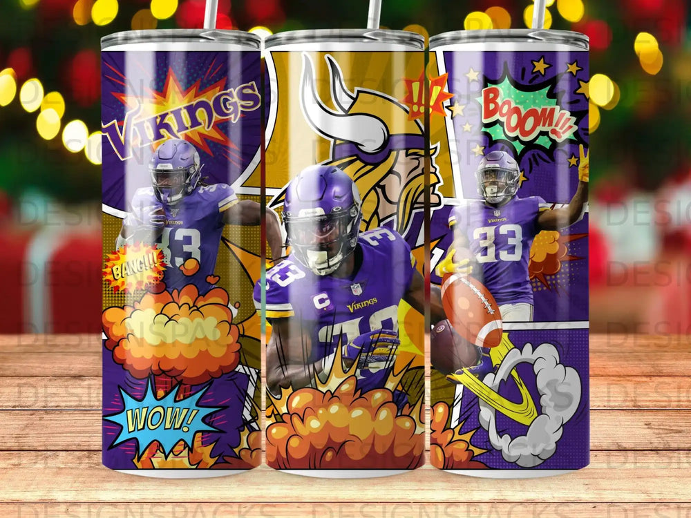 Minnesota Vikings players in action with "WOW!" and "BOOOM!!" comic book style text.