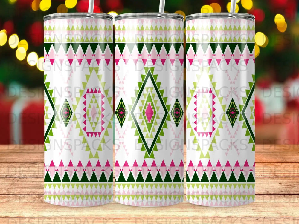 Three tumblers with a pink and green geometric Southwestern pattern.