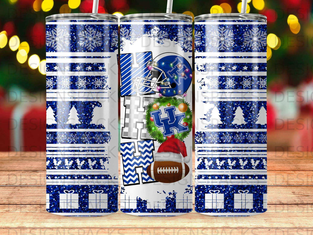 Kentucky Wildcats football helmet and snowflakes on a blue and white tumbler.