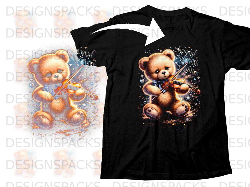 Teddy bear playing violin with musical notes and hearts, printed on a black t-shirt.