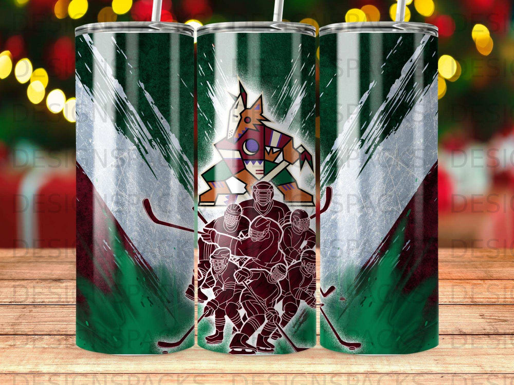 Arizona Coyotes hockey team logo on a green and white striped tumbler.