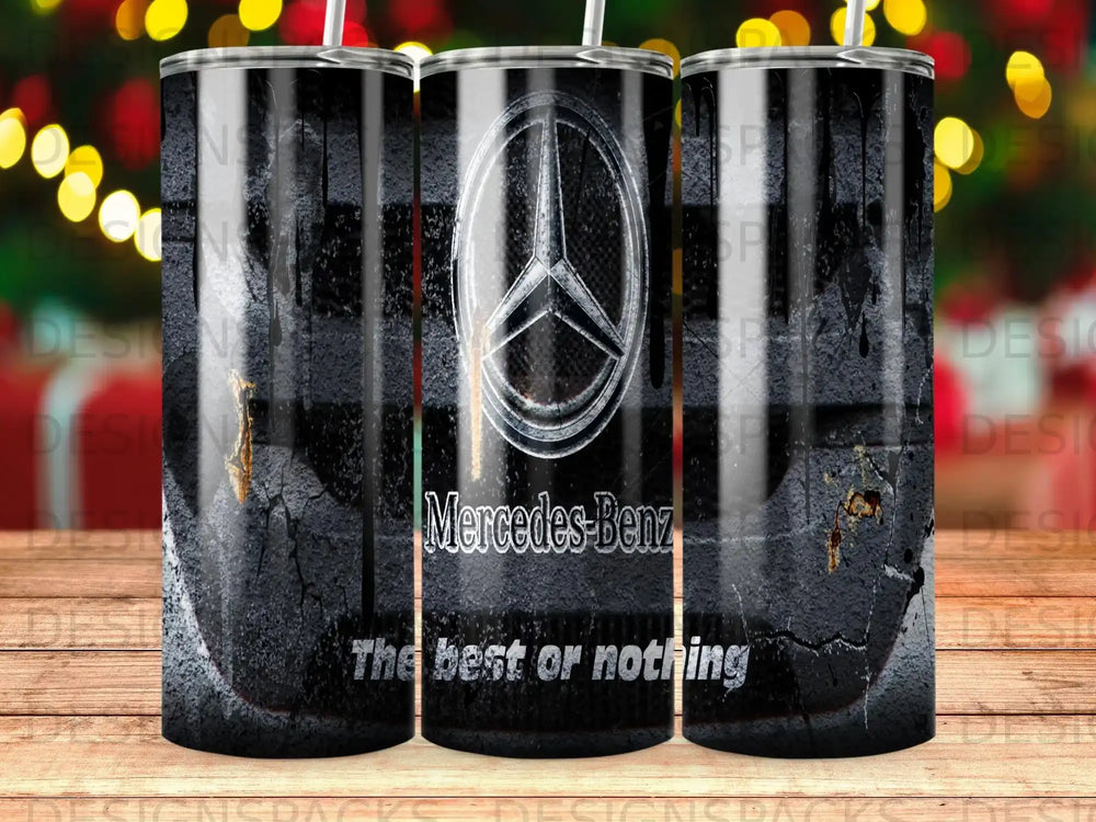 Mercedes-Benz logo on a black textured tumbler with "The best or nothing" text.