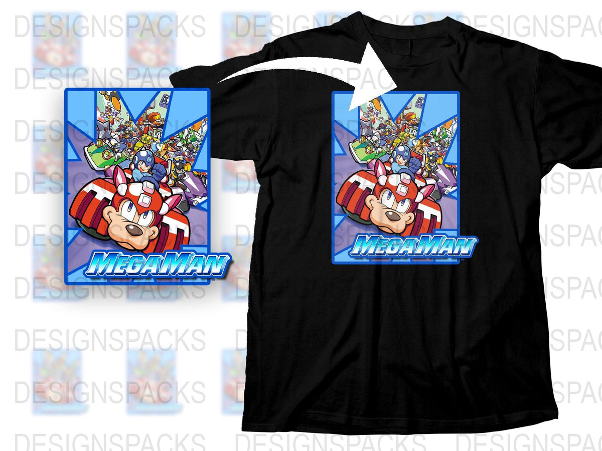 Mega Man Graphic T-Shirt, Retro Video Game Tee, Colorful Mega Man Design, Classic Gaming Apparel, Unisex Black T-Shirt