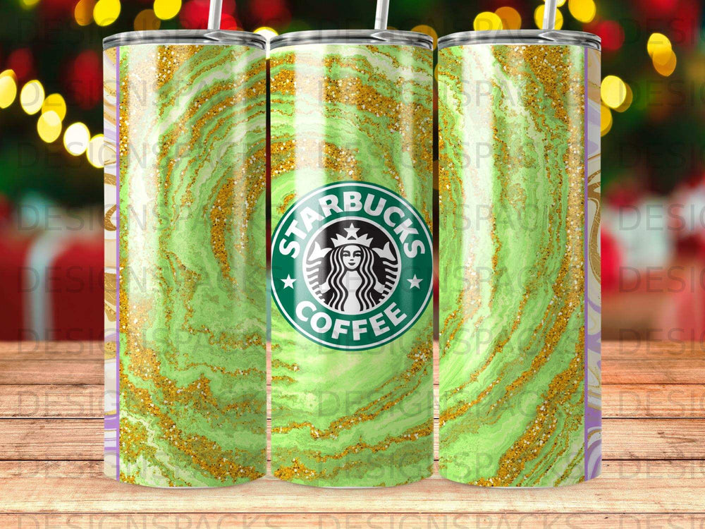 Starbucks tumbler with green marble and gold glitter design.
