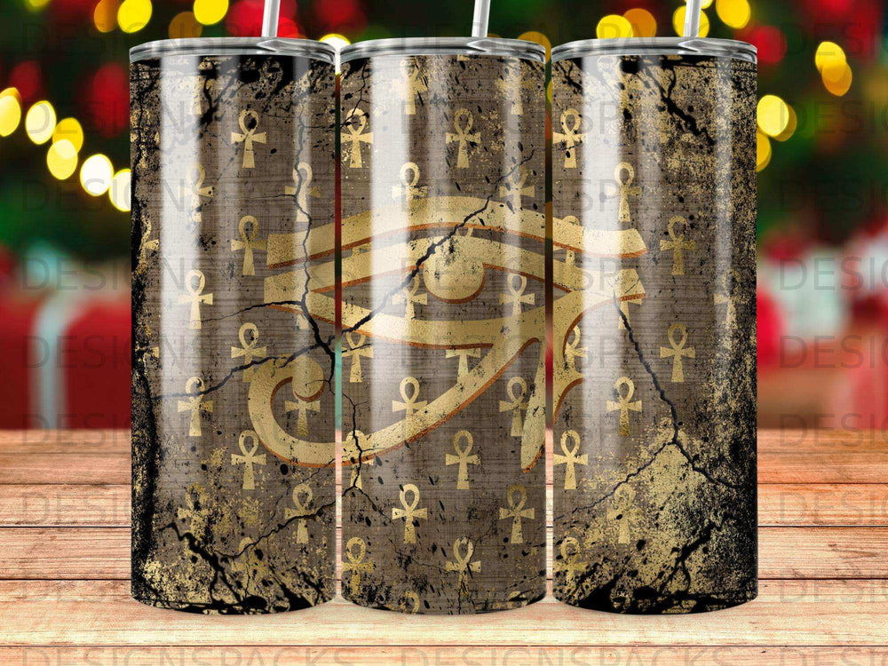 Distressed Egyptian Eye of Horus and Ankh symbols on a dark, textured background.