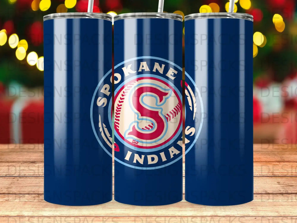 Cleveland Indians logo on dark blue tumbler with repeating pattern.