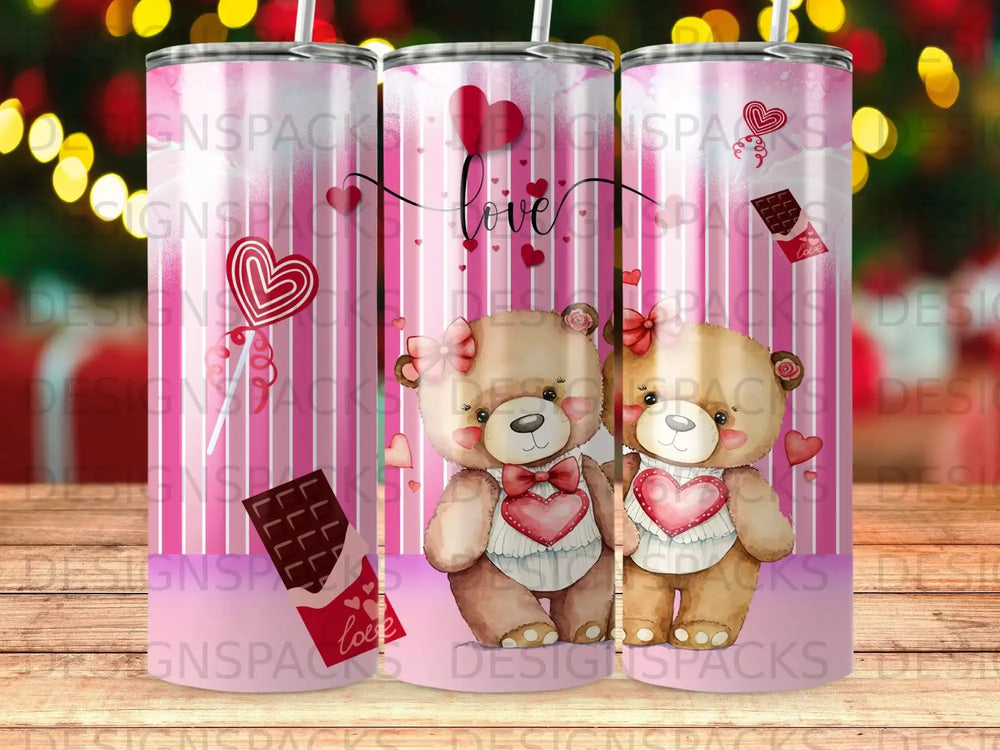 Two teddy bears with heart accents, surrounded by candy and hearts, "love" text.