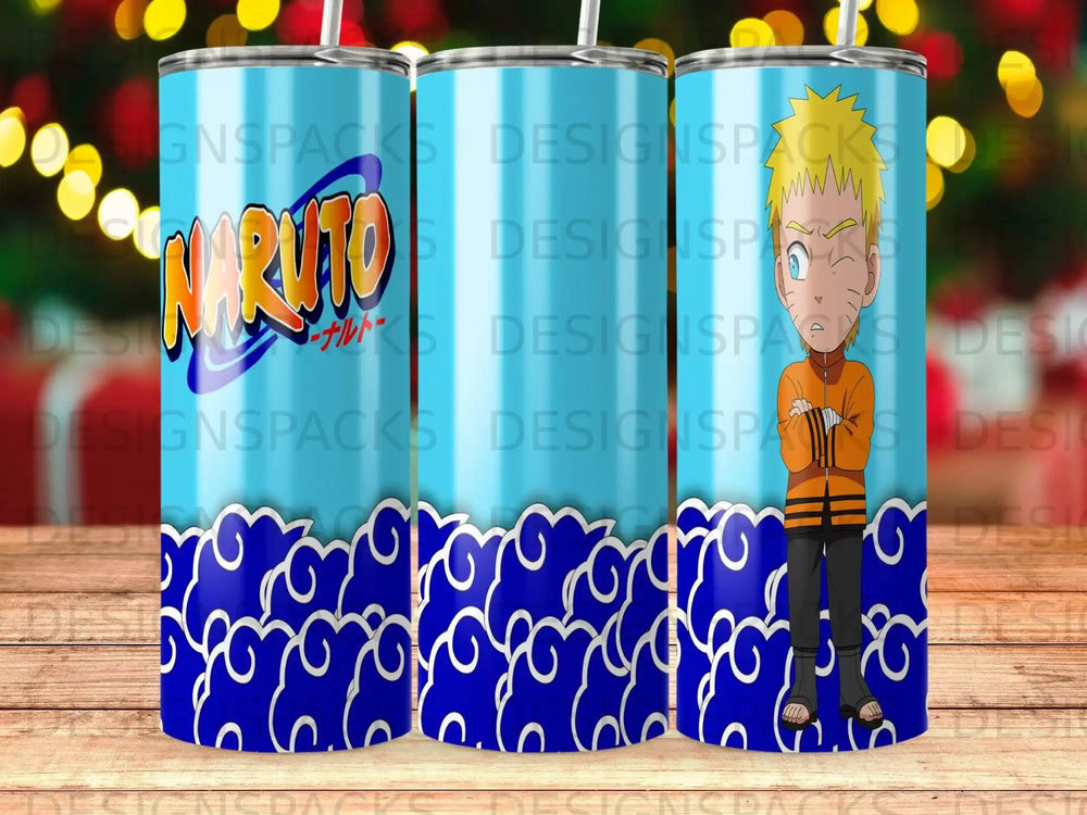 Naruto themed tumbler with blue sky and white cloud patterns.
