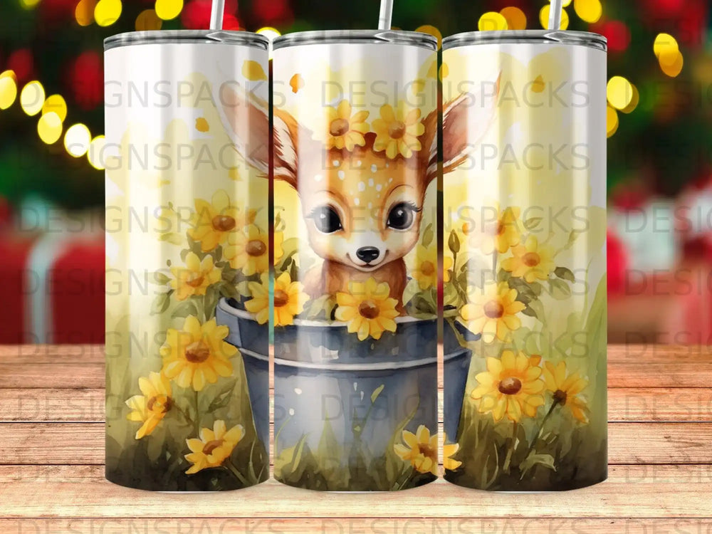 Watercolor deer with sunflowers in a bucket, surrounded by a floral pattern.