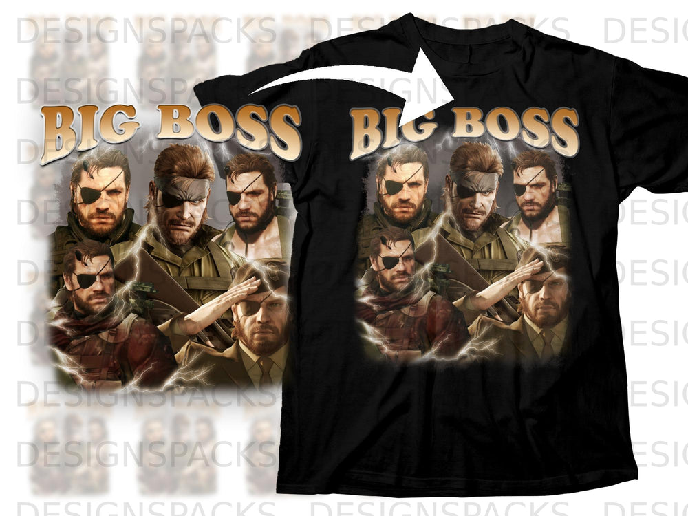 Black t-shirt with "Big Boss" text and multiple images of a character with an eyepatch.
