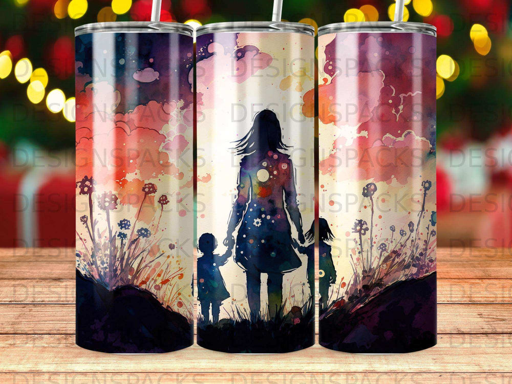 Watercolor silhouette of a family standing in a field of flowers.