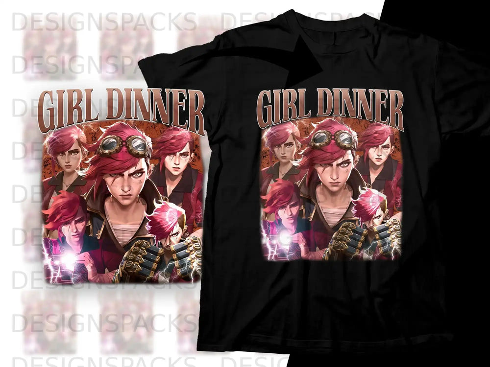 Black t-shirt featuring artwork of Vi from Arcane with the text "GIRL DINNER".