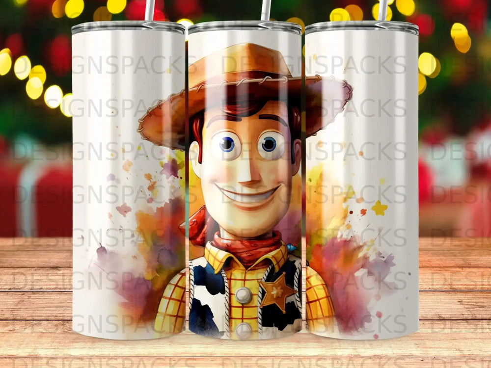 Woody from Toy Story on a tumbler with colorful abstract watercolor background.