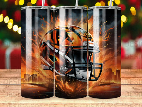 Cincinnati Bengals helmet with fiery background and city skyline.
