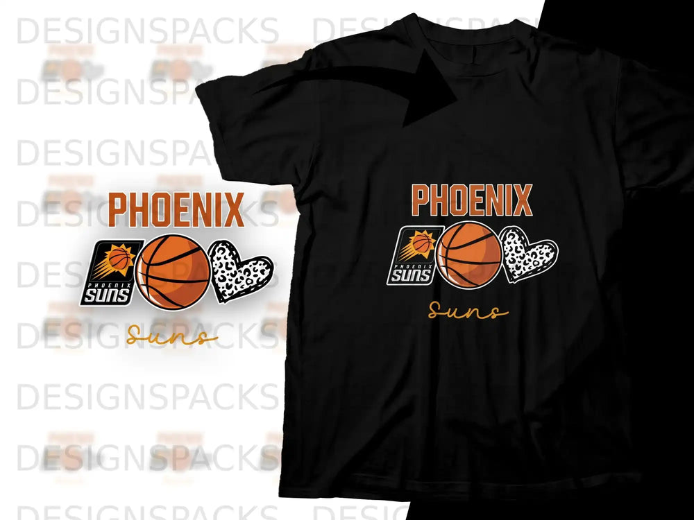 Phoenix Suns basketball logo with a heart pattern on a black t-shirt.