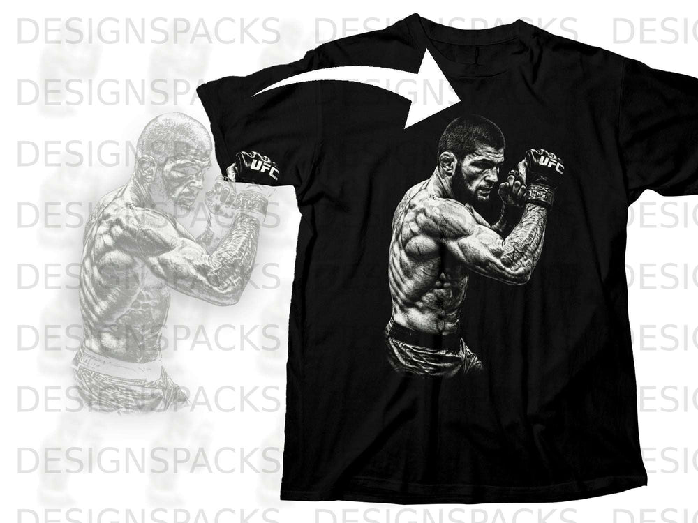 Black t-shirt featuring a graphic of a muscular fighter with UFC gloves.