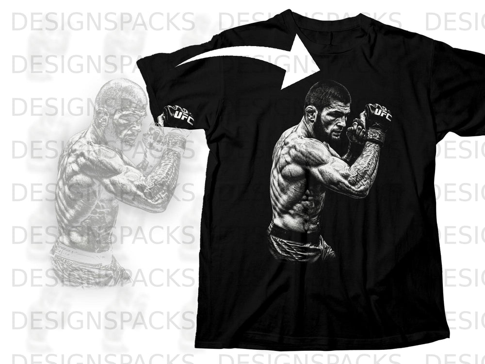 Black t-shirt featuring a graphic of a muscular fighter with UFC gloves.