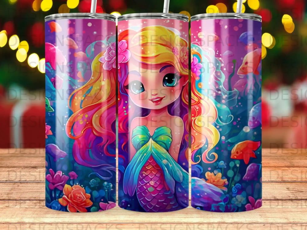 Colorful cartoon mermaid with long flowing hair in a bubbly underwater scene.