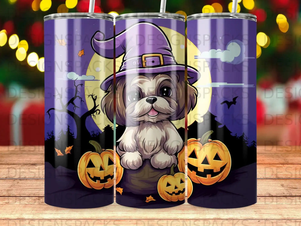 Dog wearing a witch hat with pumpkins and moon.