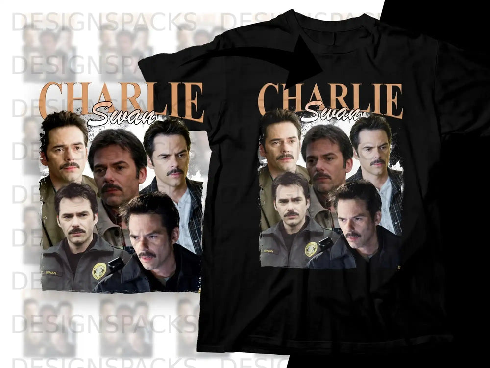 Collage of actor Charlie Swan in various roles, printed on a black t-shirt.