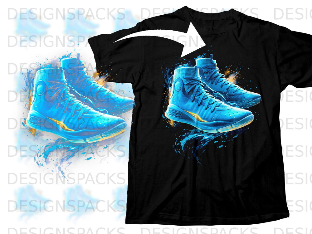 Black t-shirt with a graphic of blue and yellow basketball shoes.