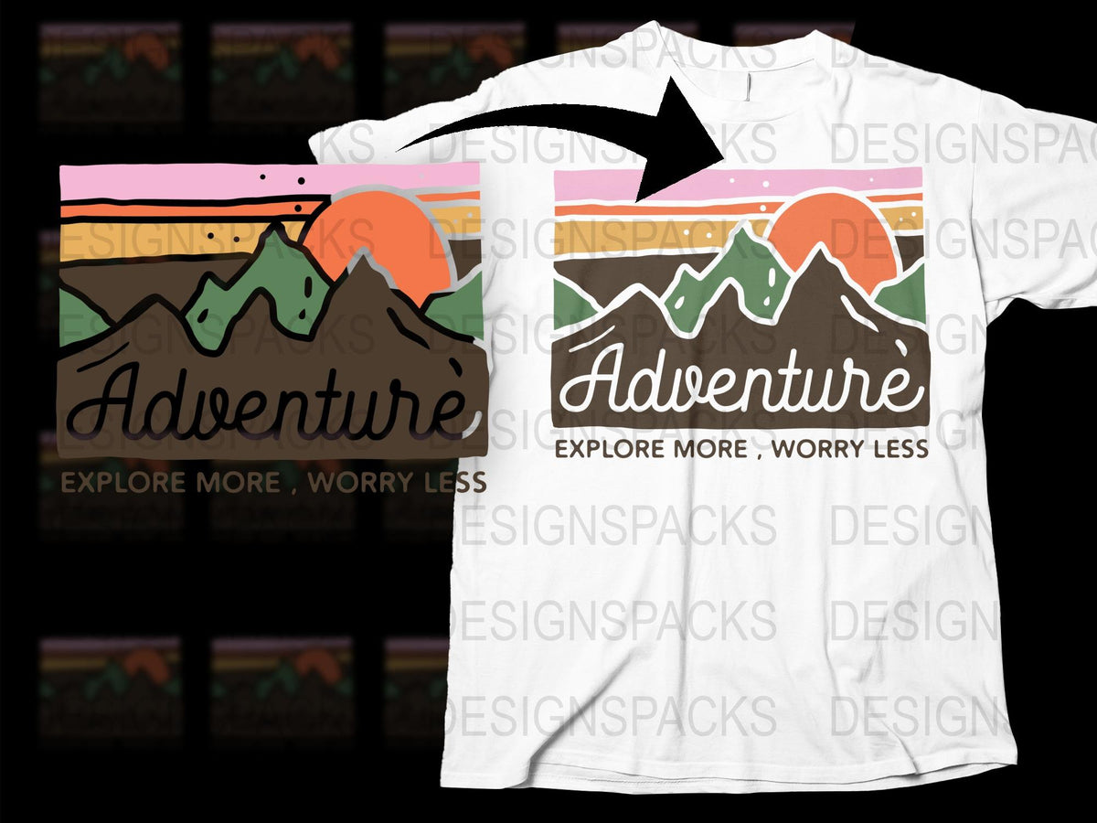 Adventure Mountain Graphic T-Shirt, Explore More Worry Less, Outdoor Hiking Tee, Nature Lover Gift, Unisex T-Shirt Design