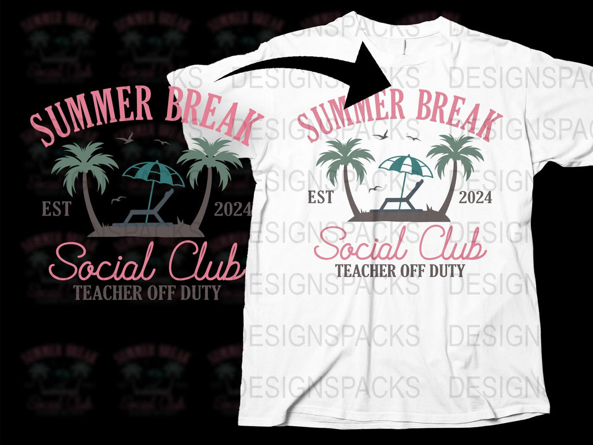 Summer Break Social Club T-Shirt, Teacher Off Duty, Beach Palm Tree Design, Casual Graphic Tee