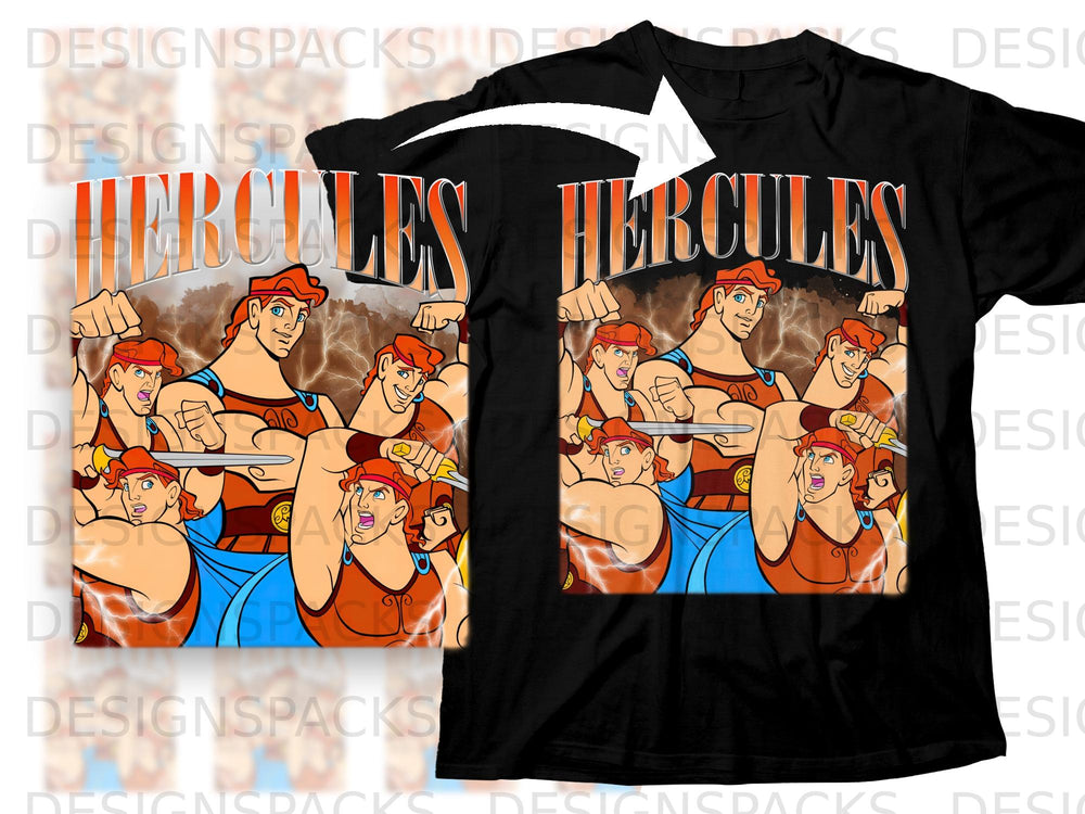 Black t-shirt with Hercules characters and title on the front.