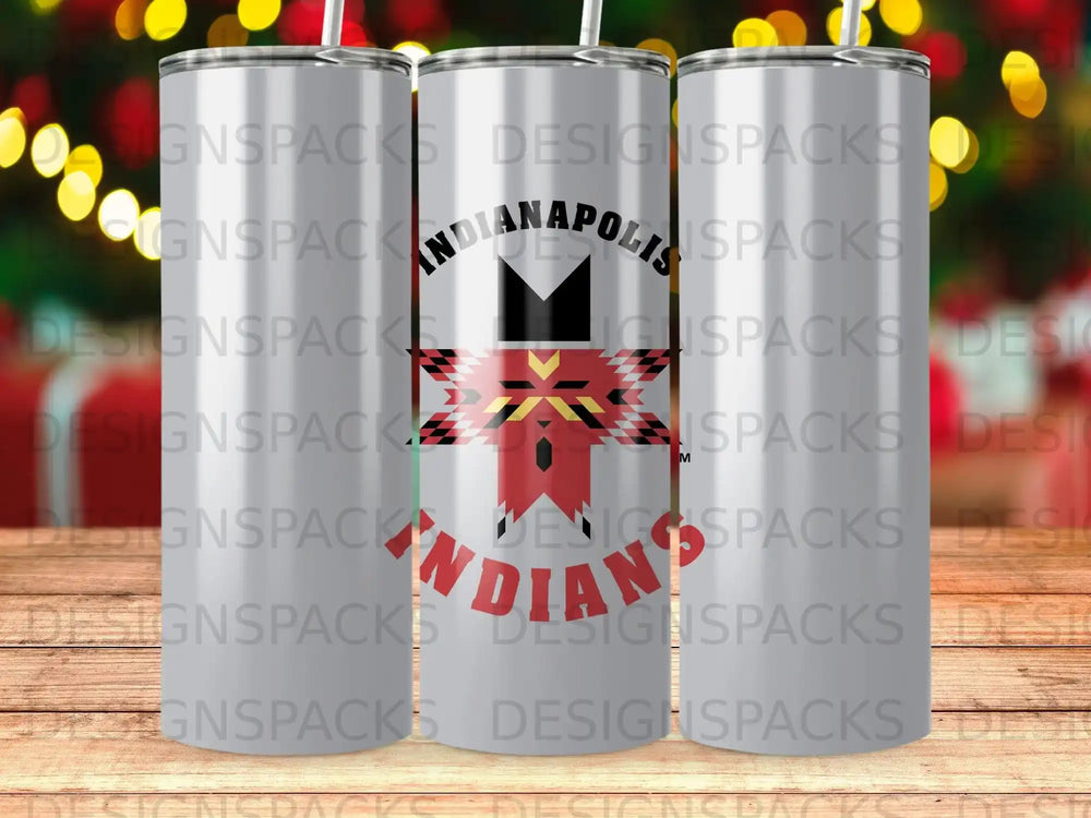 White tumbler with Indianapolis Indians logo and text.