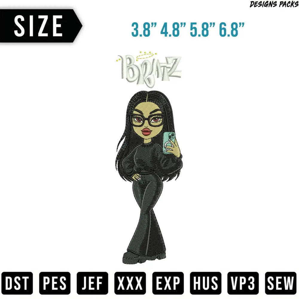 Bratz doll illustration wearing black clothes, holding a phone, with size options and file formats.